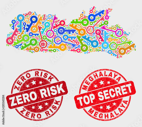Key Meghalaya State map and watermarks. Red round Top Secret and Zero Risk distress watermarks. Colored Meghalaya State map mosaic of different key icons. Vector collage for security purposes.