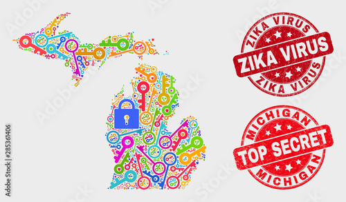 Firewall Michigan State map and seals. Red rounded Top Secret and Zika Virus textured seals. Colored Michigan State map mosaic of different guard items. Vector collage for safety purposes.