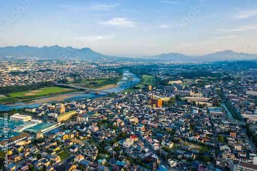 Aerial drone photo - Sunrise over the city of Maebashi, Gunma Prefecture.  Japan, Asia photo