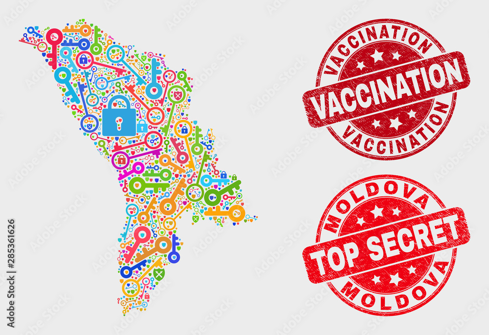 Safeguard Moldova map and stamps. Red rounded Top Secret and Vaccination grunge stamps. Colored Moldova map mosaic of different keeper icons. Vector collage for guard purposes. Safeguard Moldova map and stamps. Red rounded Top Secret and Vaccination grunge stamps. Colored Moldova map mosaic of different keeper icons. Vector collage for guard purposes.