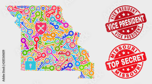 Guard Missouri State map and seal stamps. Red round Top Secret and Vice President textured watermarks. Colored Missouri State map mosaic of different guard elements.