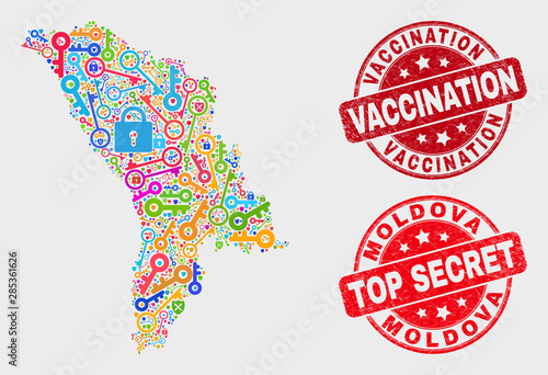 Safeguard Moldova map and stamps. Red rounded Top Secret and Vaccination grunge stamps. Colored Moldova map mosaic of different keeper icons. Vector collage for guard purposes.