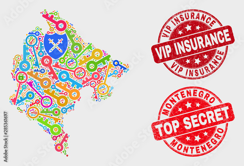Safety Montenegro map and seals. Red rounded Top Secret and Vip Insurance grunge seals. Bright Montenegro map mosaic of different privacy elements. Vector collage for safety purposes.