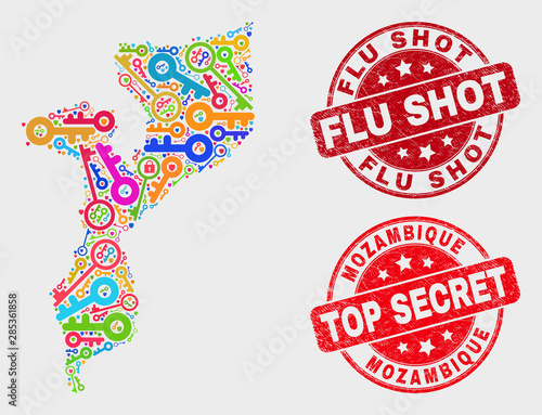 Key Mozambique map and seal stamps. Red round Top Secret and Flu Shot distress seal stamps. Colored Mozambique map mosaic of different safeguard elements. Vector collage for safety purposes.