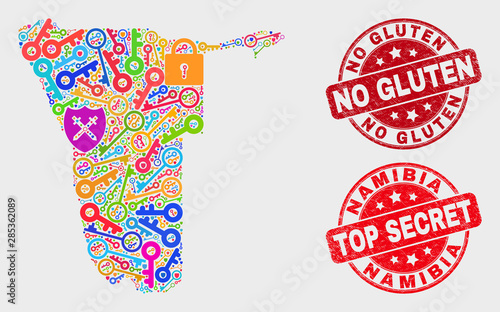 Guard Namibia map and seal stamps. Red round Top Secret and No Gluten distress seal stamps. Colored Namibia map mosaic of different lock icons. Vector collage for security purposes.