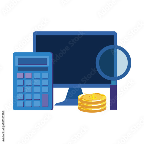 coins money dollars with desktop and calculator