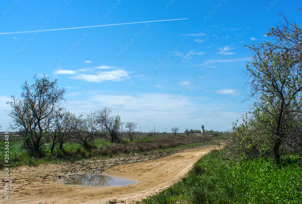 Naklejka premium Natural landscape with road. Chushka spit, Krasnodar Krai.