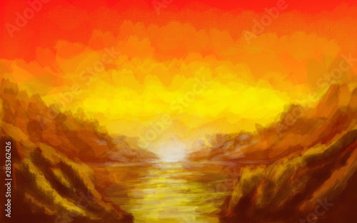 beautiful painting showing sunset on the lake digital illustration background