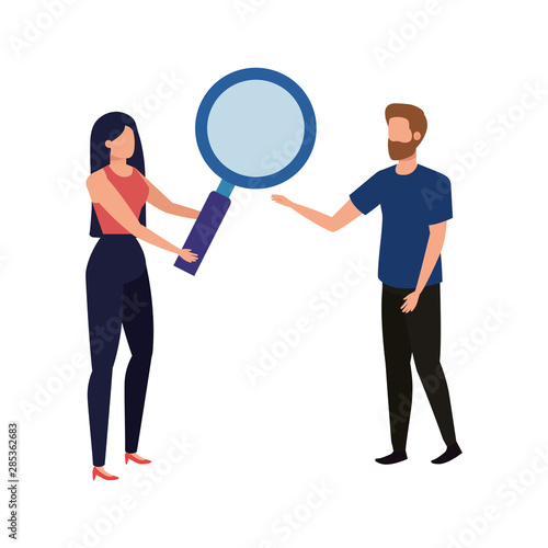 young couple with magnifying glass characters