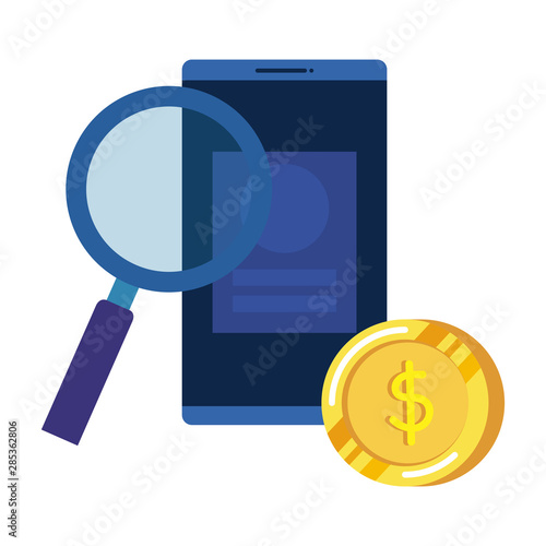 coins money dollars and smartphone with magnifying glass