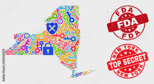 Guard New York State map and seal stamps. Red round Top Secret and FDA textured seal stamps. Bright New York State map mosaic of different access items. Vector composition for security purposes.