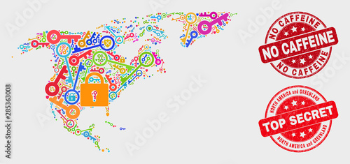 Shield North America and Greenland map and seals. Red round Top Secret and No Caffeine distress seals. Colorful North America and Greenland map mosaic of different shield elements.