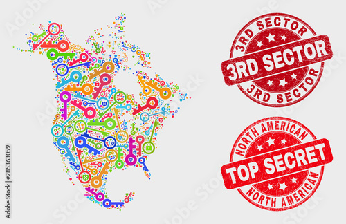 Safety North America v2 map and seals. Red round Top Secret and 3Rd Sector scratched seals. Colorful North America v2 map mosaic of different safety elements. Vector collage for security purposes.