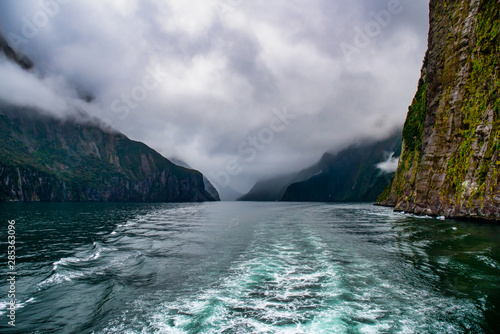 The Vibrant colour of the water in magical Milford Sound even in the pouring rain