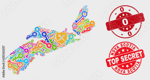 Privacy Nova Scotia Province map and seal stamps. Red rounded Top Secret and 0 grunge seal stamps. Bright Nova Scotia Province map mosaic of different privacy symbols.