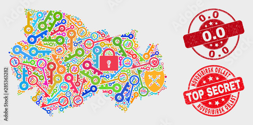 Safeguard Novosibirsk Region map and seal stamps. Red rounded Top Secret and 0.0 scratched seal stamps. Colorful Novosibirsk Region map mosaic of different privacy symbols.