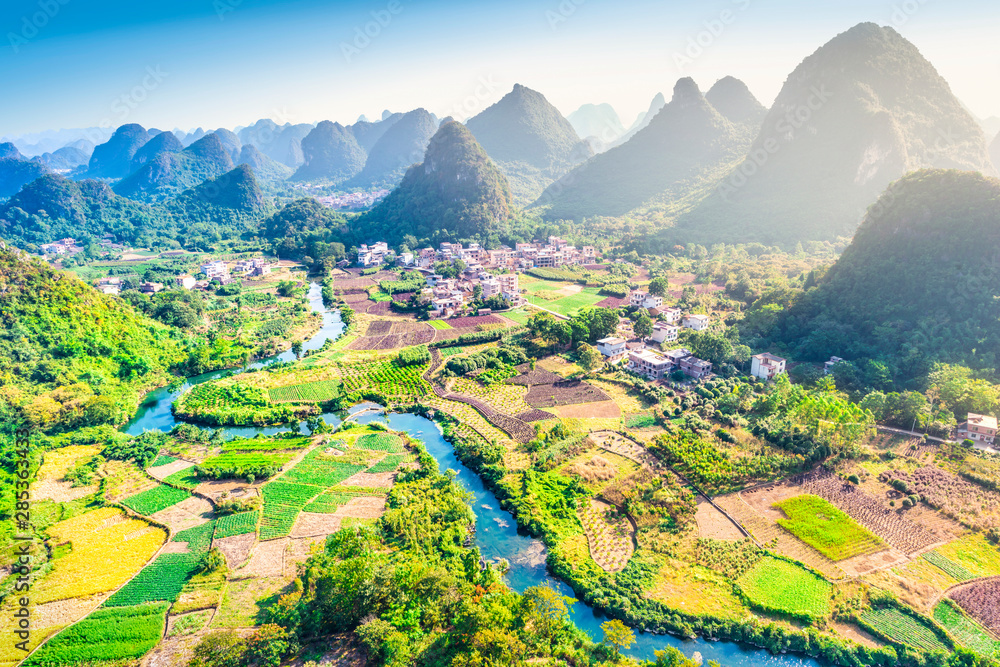 Landscape of Guilin. Li River and Karst mountains. Located near ...