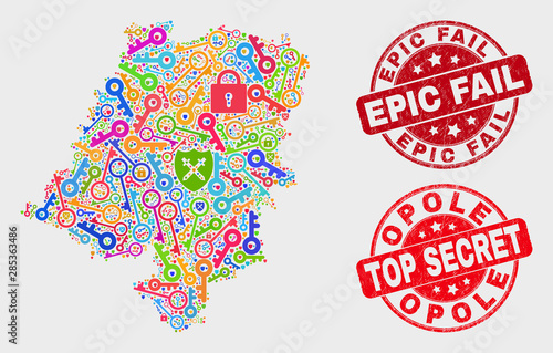 Secure Opole Voivodeship map and seal stamps. Red round Top Secret and Epic Fail grunge seal stamps. Bright Opole Voivodeship map mosaic of different administration elements.