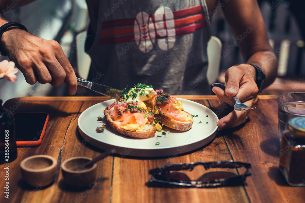 handsome beard man hair, brutal macho, dine in the restaurant, eating delicious served hot dish, Italian pasta, spices, fine dining, europe, food, Kef, lunch,breakfast and dinner in the cafe,smoothie