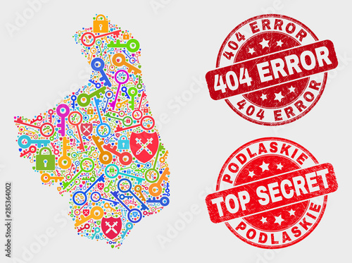 Privacy Podlaskie Voivodeship map and seal stamps. Red rounded Top Secret and 404 Error scratched seal stamps. Colorful Podlaskie Voivodeship map mosaic of different safeguard icons.