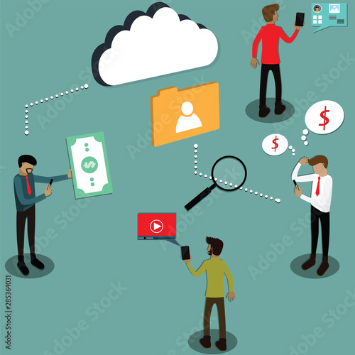 Businessman is searching for people who want to borrow money with his smartphones and data - vector