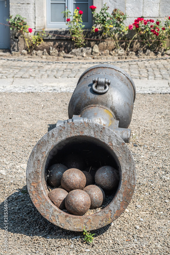 Wallpaper Mural Dinant, Belgium - June 26, 2019: Seen insde Citadelle.  Closeup of Two artillery pieces, one filled with cannon balls, standing on central courtyard. Red roses in back. Torontodigital.ca