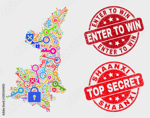 Shield Shaanxi Province map and seal stamps. Red rounded Top Secret and Enter to Win textured seal stamps. Bright Shaanxi Province map mosaic of different passkey icons.