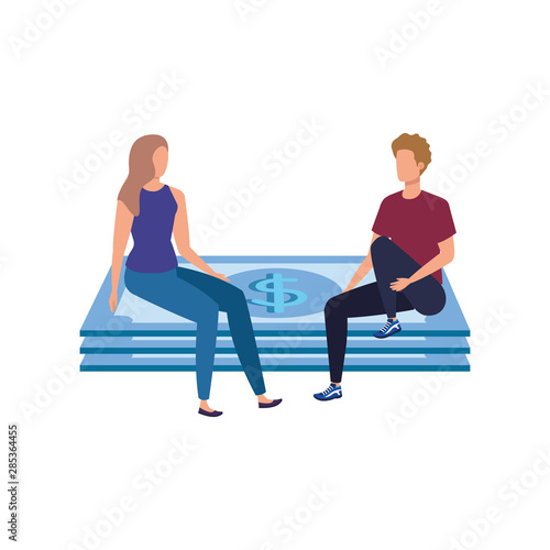 young couple with bills dollars characters