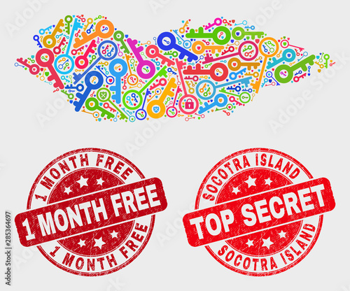 Protection Socotra Island map and stamps. Red round Top Secret and 1 Month Free grunge stamps. Colored Socotra Island map mosaic of different registration symbols.