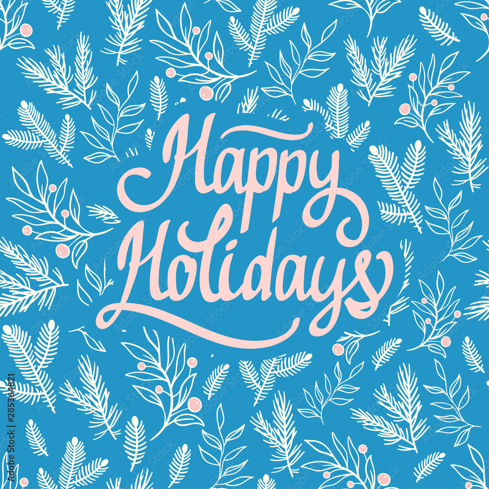 Fototapeta Christmas holiday pattern. Vector illustration. Gentle seamless blue background of branches, berries and leaves. Happy Holidays.
