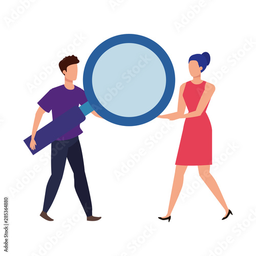 young couple with magnifying glass characters © Gstudio