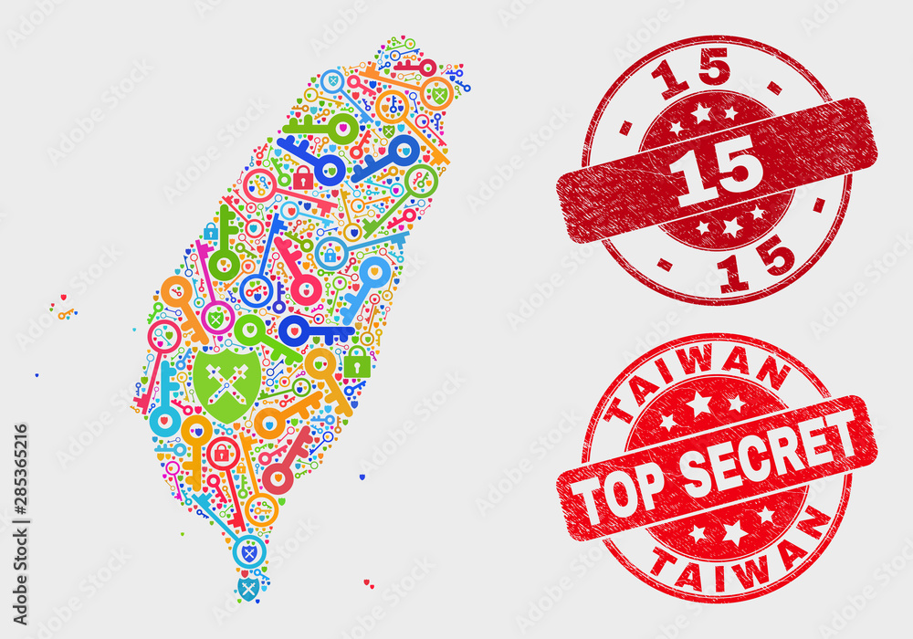 Naklejka premium Privacy Taiwan map and seal stamps. Red round Top Secret and 15 textured seal stamps. Bright Taiwan map mosaic of different keeper elements. Vector combination for keeping purposes.
