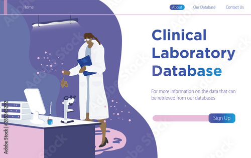 Clinical laboratory database concept with female researcher doing research and study. Landing modern page template vector illustration - Vector  