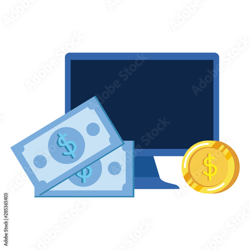 desktop computer with bills and coins