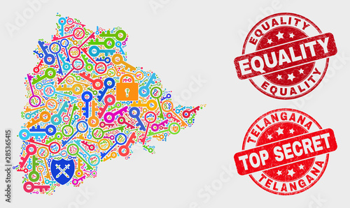 Firewall Telangana State map and seal stamps. Red rounded Top Secret and Equality distress seal stamps. Bright Telangana State map mosaic of different keeper symbols.