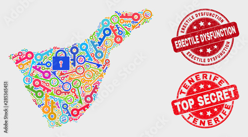 Privacy Tenerife map and seal stamps. Red rounded Top Secret and Erectile Dysfunction grunge seal stamps. Colored Tenerife map mosaic of different administration symbols.