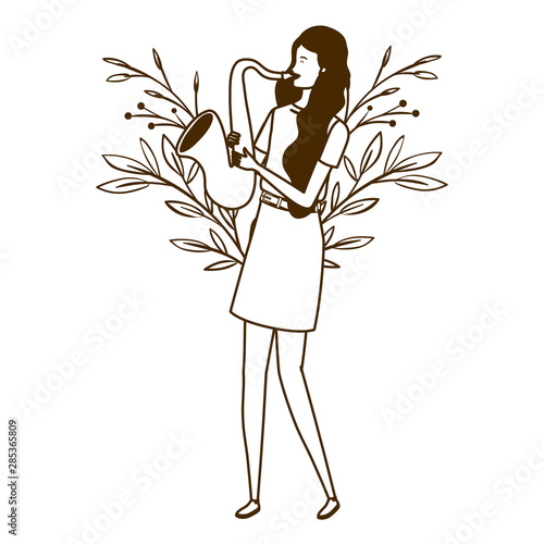 silhouette of woman with saxophone on white background