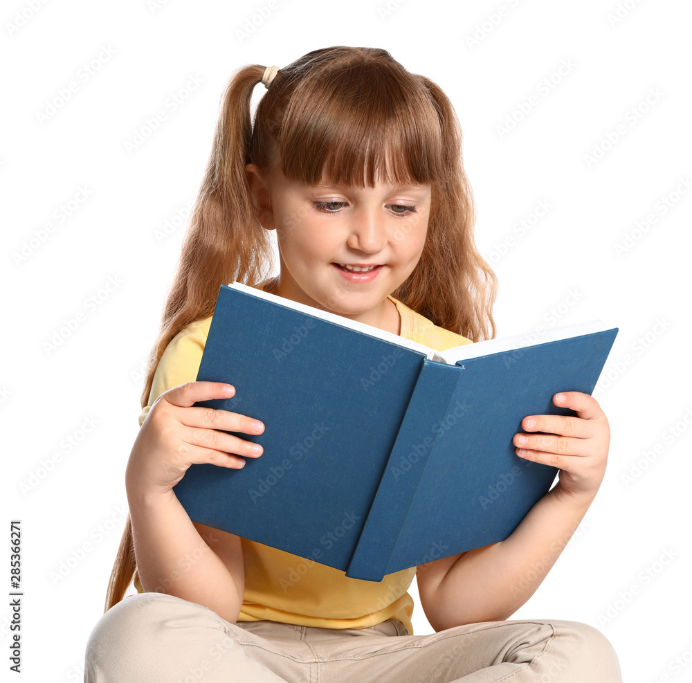 Portrait of cute little girl reading book on white background Portrait of cute little girl reading book on white background