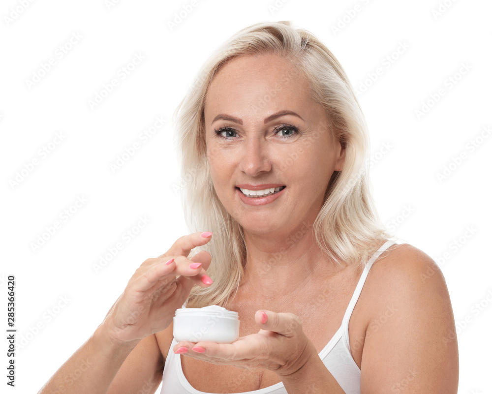 Portrait of beautiful mature woman with perfect skin holding jar of cream on white background Portrait of beautiful mature woman with perfect skin holding jar of cream on white background