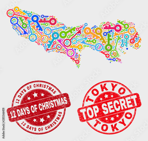 Keep Tokyo Prefecture map and stamps. Red round Top Secret and 12 Days of Christmas scratched seal stamps. Colored Tokyo Prefecture map mosaic of different keeper icons.