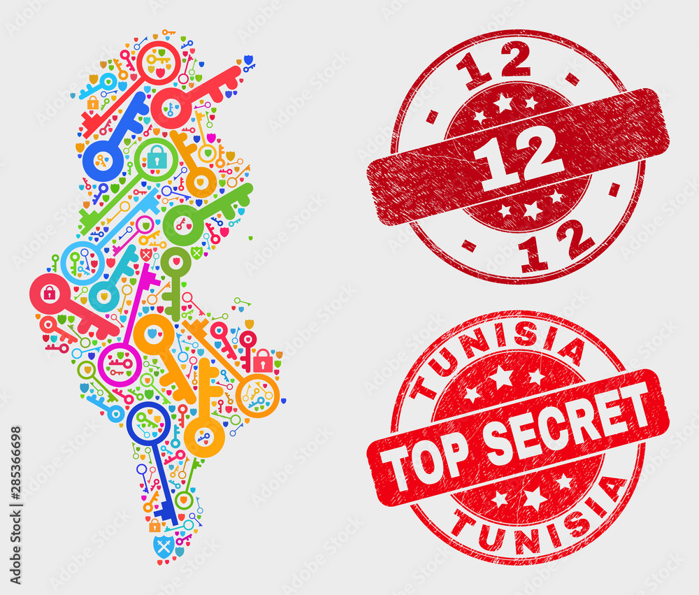 Privacy Tunisia map and seal stamps. Red rounded Top Secret and 12 scratched seal stamps. Colored Tunisia map mosaic of different keeper symbols. Vector collage for safety purposes. Privacy Tunisia map and seal stamps. Red rounded Top Secret and 12 scratched seal stamps. Colored Tunisia map mosaic of different keeper symbols. Vector collage for safety purposes.