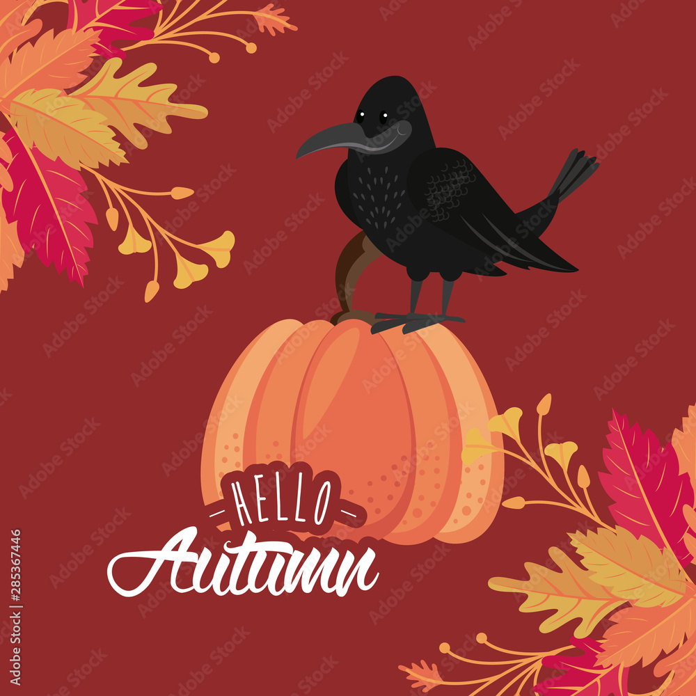 Hello autumn card with cute animal cartoons Hello autumn card with cute animal cartoons