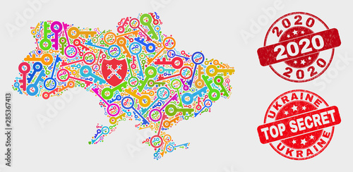 Guard Ukraine map and seal stamps. Red round Top Secret and 2020 distress seal stamps. Colored Ukraine map mosaic of different registration elements. Vector combination for security purposes.