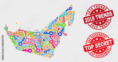 Keep United Arab Emirates map and seal stamps. Red rounded Top Secret and 2019 Trends scratched seal stamps. Bright United Arab Emirates map mosaic of different registration symbols.