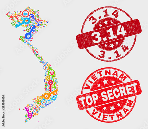 Secure Vietnam map and seal stamps. Red rounded Top Secret and 3.14 textured seal stamps. Colorful Vietnam map mosaic of different registration symbols. Vector collage for keeping purposes.