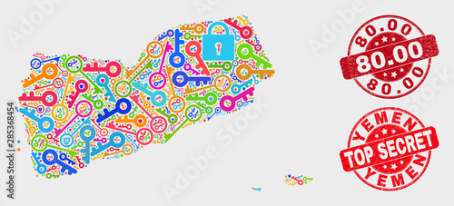 Key Yemen map and stamps. Red round Top Secret and 80.00 grunge stamps. Colored Yemen map mosaic of different registration items. Vector combination for safety purposes.