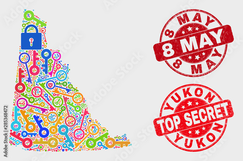 Safeguard Yukon Province map and seal stamps. Red rounded Top Secret and 8 May textured stamps. Bright Yukon Province map mosaic of different safeguard symbols. Vector collage for guard purposes.