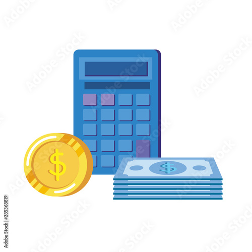 coins and bills money dollars with calculator