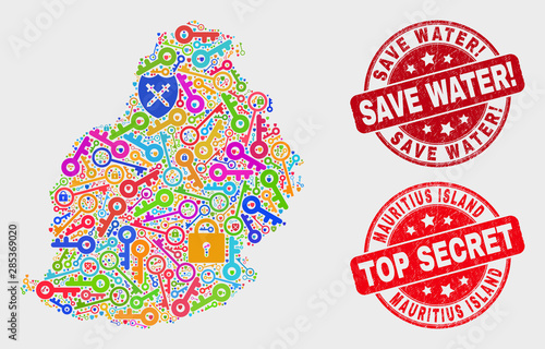 Security Mauritius Island map and seal stamps. Red rounded Top Secret and Save Water! distress seal stamps. Bright Mauritius Island map mosaic of different passkey symbols.
