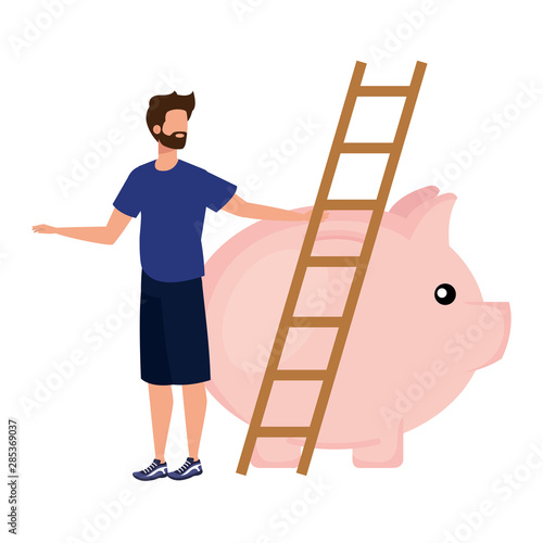 young man with piggy savings and stair